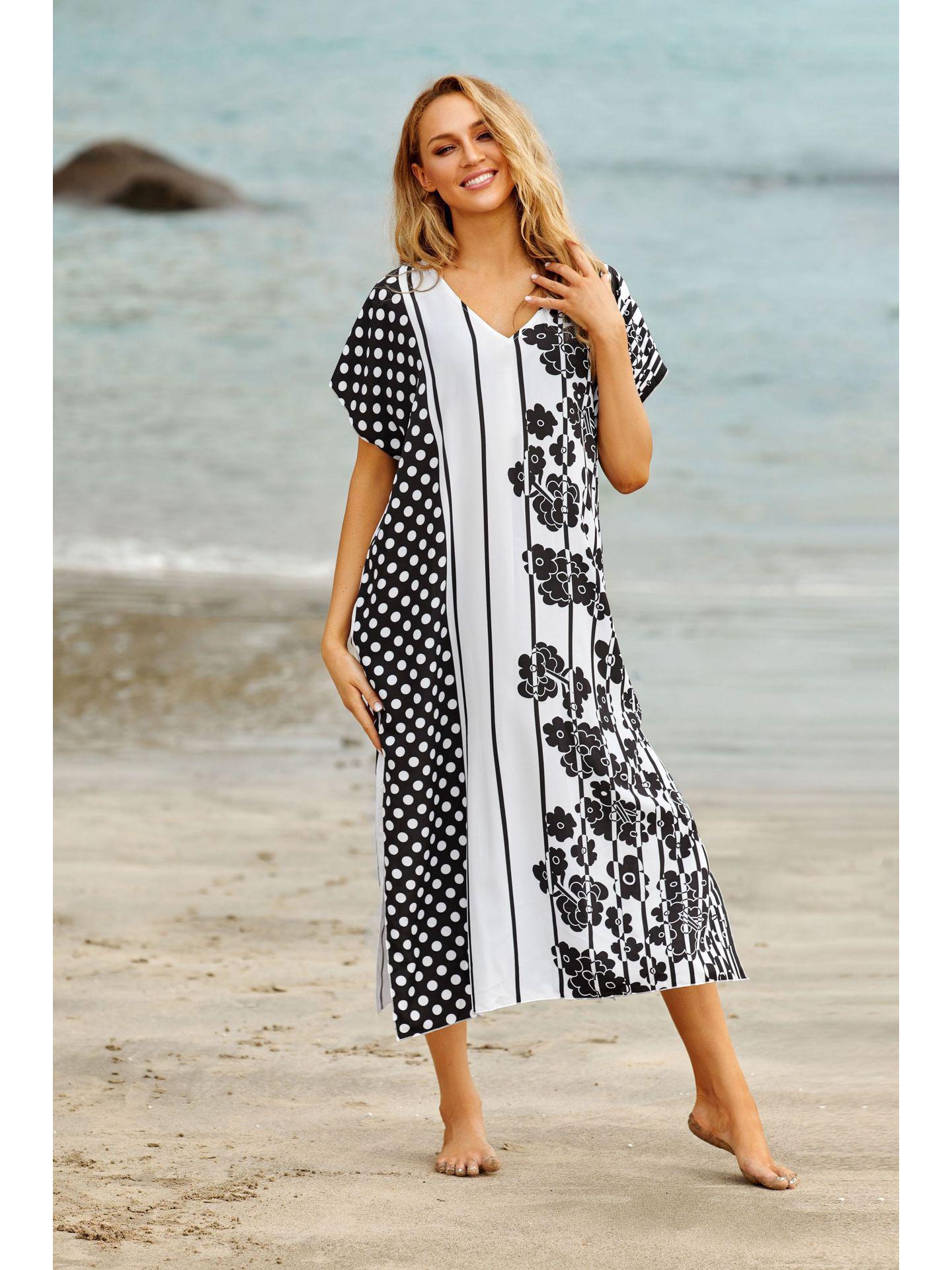 

Черно-белый печатный длинный полиэстеровый халат - Повседневный отпускной пляжный чехол для бикини One Size чёрный/белый