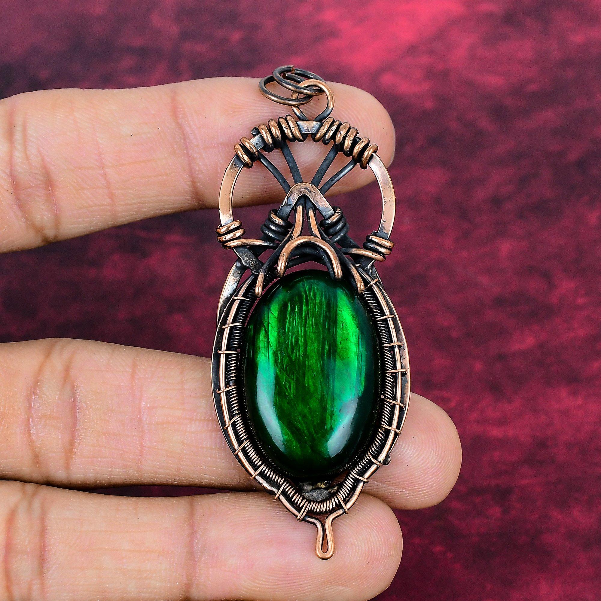 Green Fire Labradorite Pendant Copper Wire Wrapped Pendant Gemstone Wire Jewelry