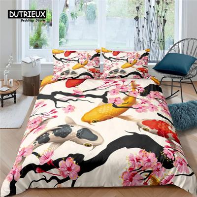 Home Living Luxury Flower and Fish Print 2/3Pcs Soft Duvet Cover PillowCase Queen and King Size Kids Bedding Set EU/US/AU Size