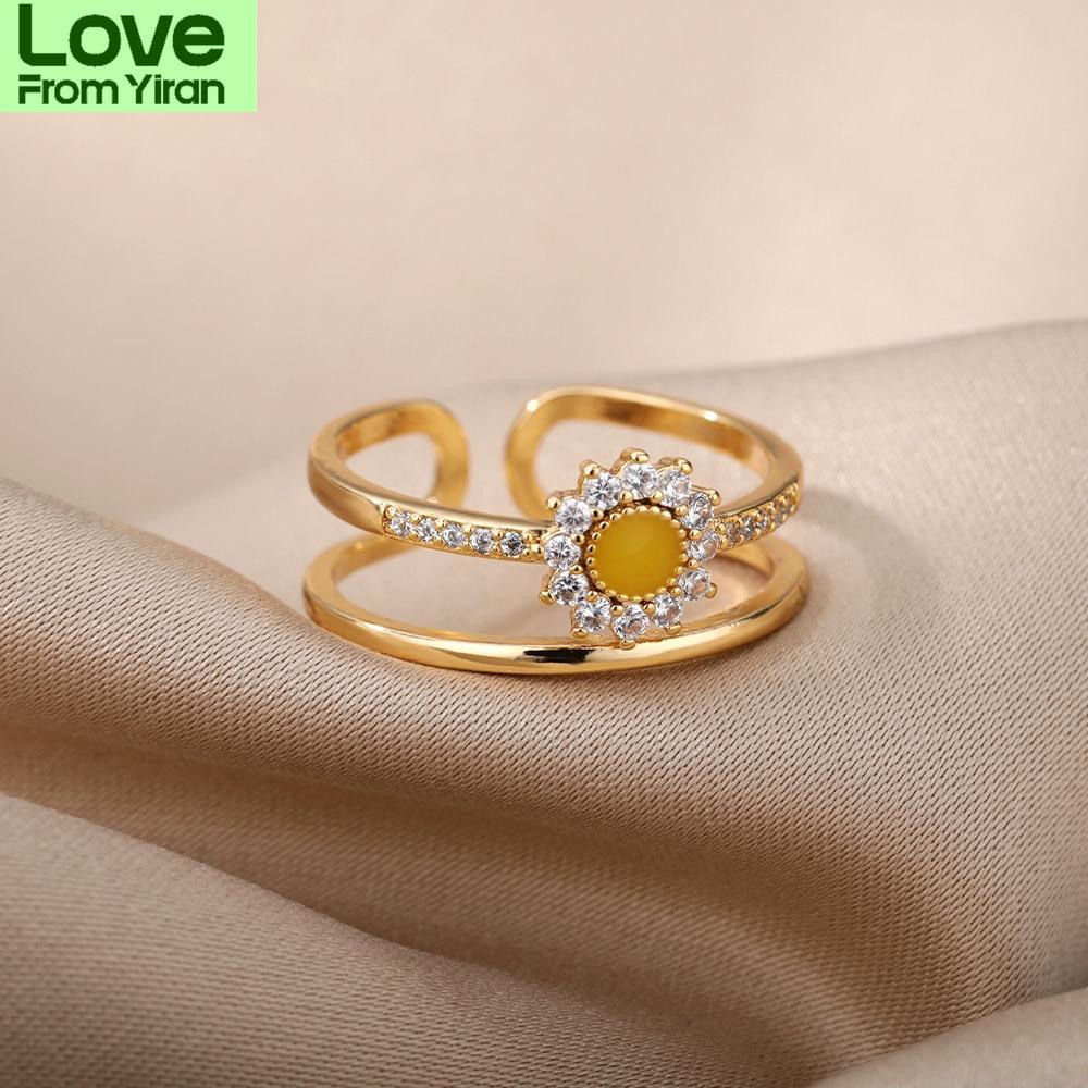 Cute Daisy Rings For Women Zircon Sweet Double Mini Flower Open Adjustable Finger Ring Wedding Party Boho Jewelry Gift Mujer