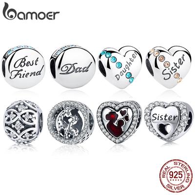 BAMOER Genuine 925 Silver Blue Crystals Family Charm Fit Bracelets Bangles