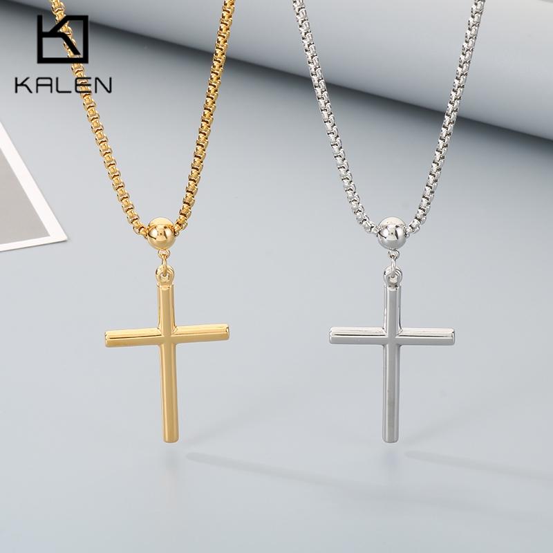 New Gold Color Cross Pendant Necklace for Men Women Pearl Chain Religious Stainless Steel Jewelry, Minimalist Accessory Gift