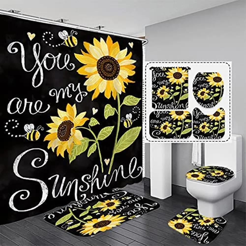Magic Sunflower Butterfly Shower Curtain Sets Black Yellow Art Country Flower Bathroom Decor Curtains Bath Mats Rug Toilet Cover