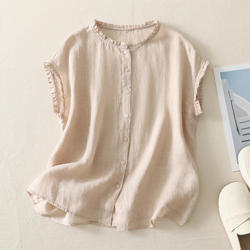 Japan Korean Style Summer Solid Color Cotton Linen Shirt Women O-Neck Sleeveless Casual Loose Vest Blouse Tops