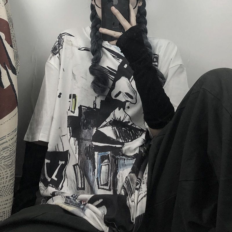 Vintage Gothic Harajuku Graffiti T-shirt Women Streetwear Short Sleeve Korean Style Oversized Graphic Tees Summer