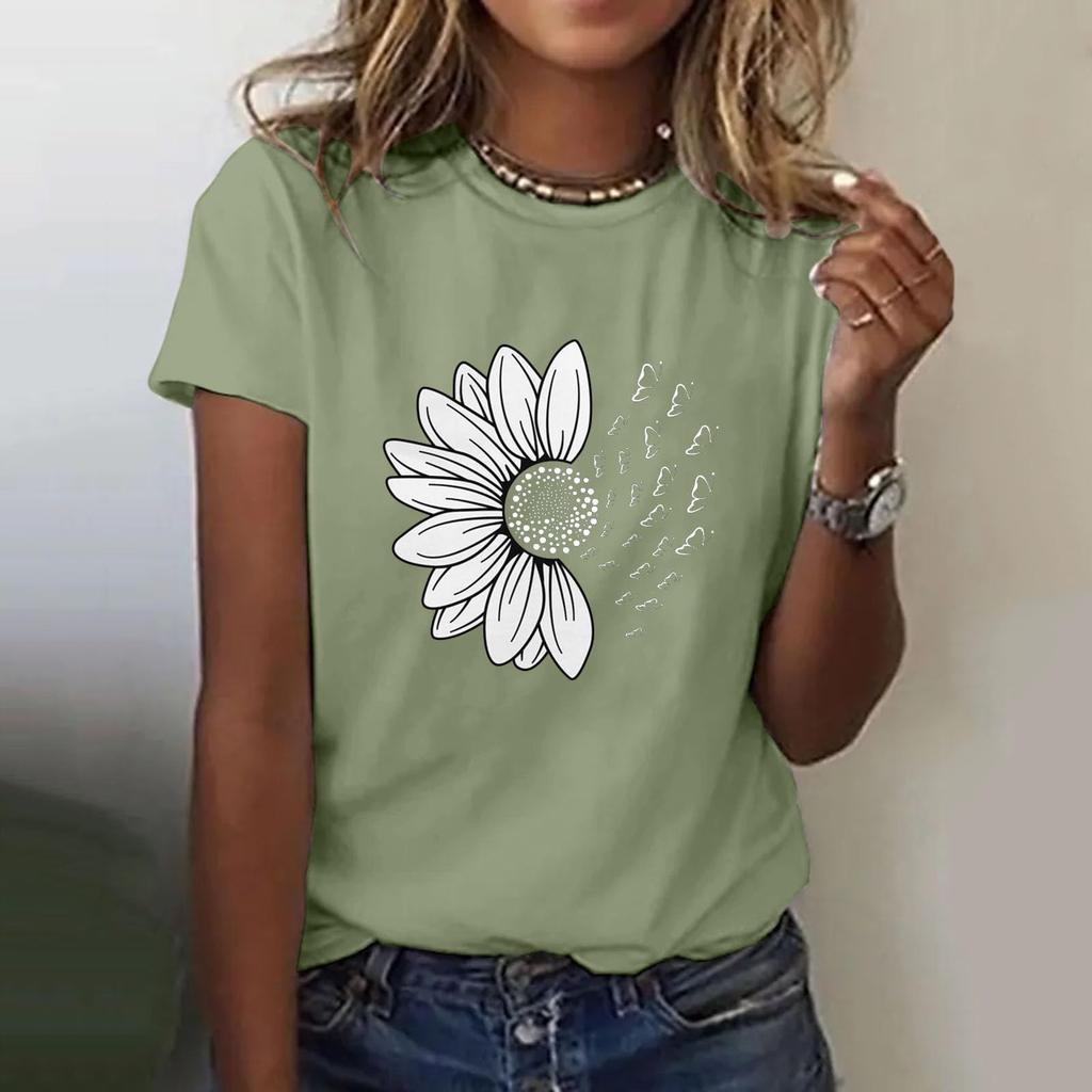 Women's Casual Floral Print Short Sleeved T-shirt With Round Neck  Top