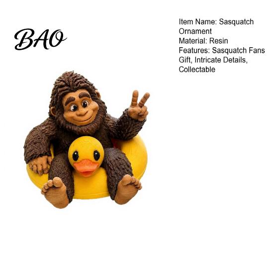 Miniature Sasquatch Figure And Duck Figurine, on Swimming Ring Statue, Playful Tabletop Accent Funny Animal Statue for Home Shelf Decor Creative