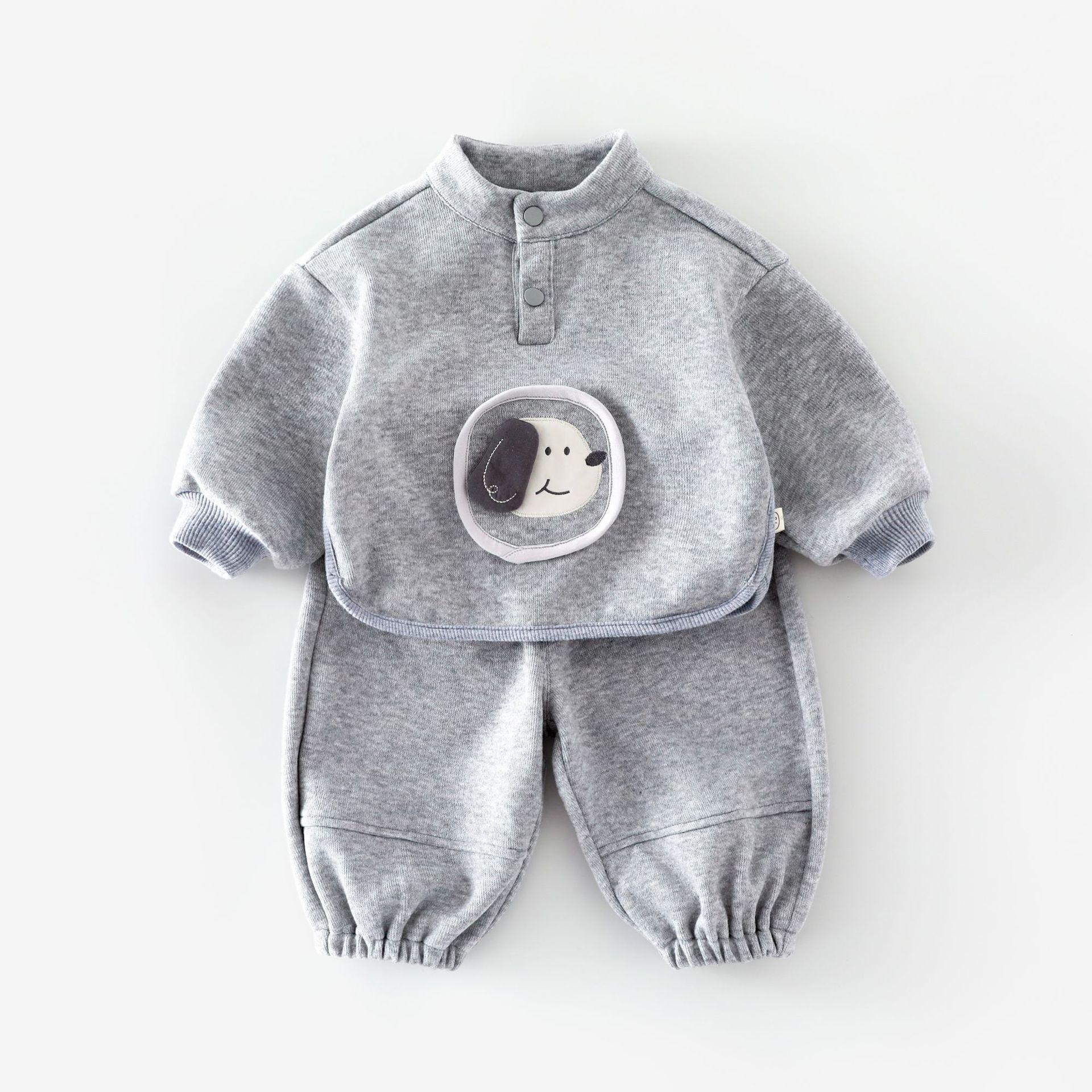 

Boys Autumn 2025 Fashion: Stand-up Collar Dog Applique Sweatshirt & Sweatpants Set 120 серый