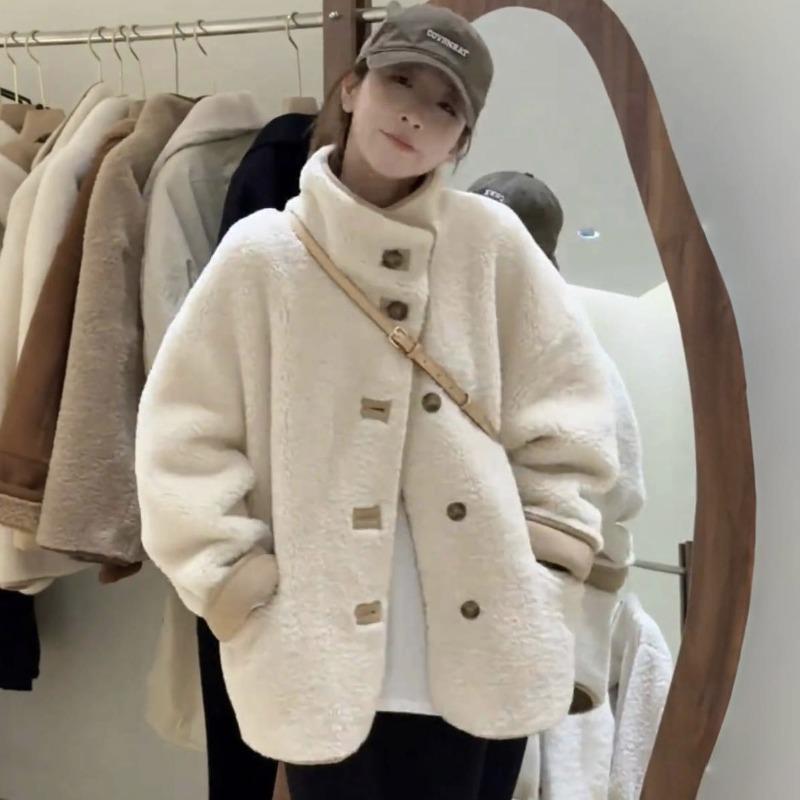 Niche design medium and long stand-up collar plush jacket, new warm top for women in autumn and winter
