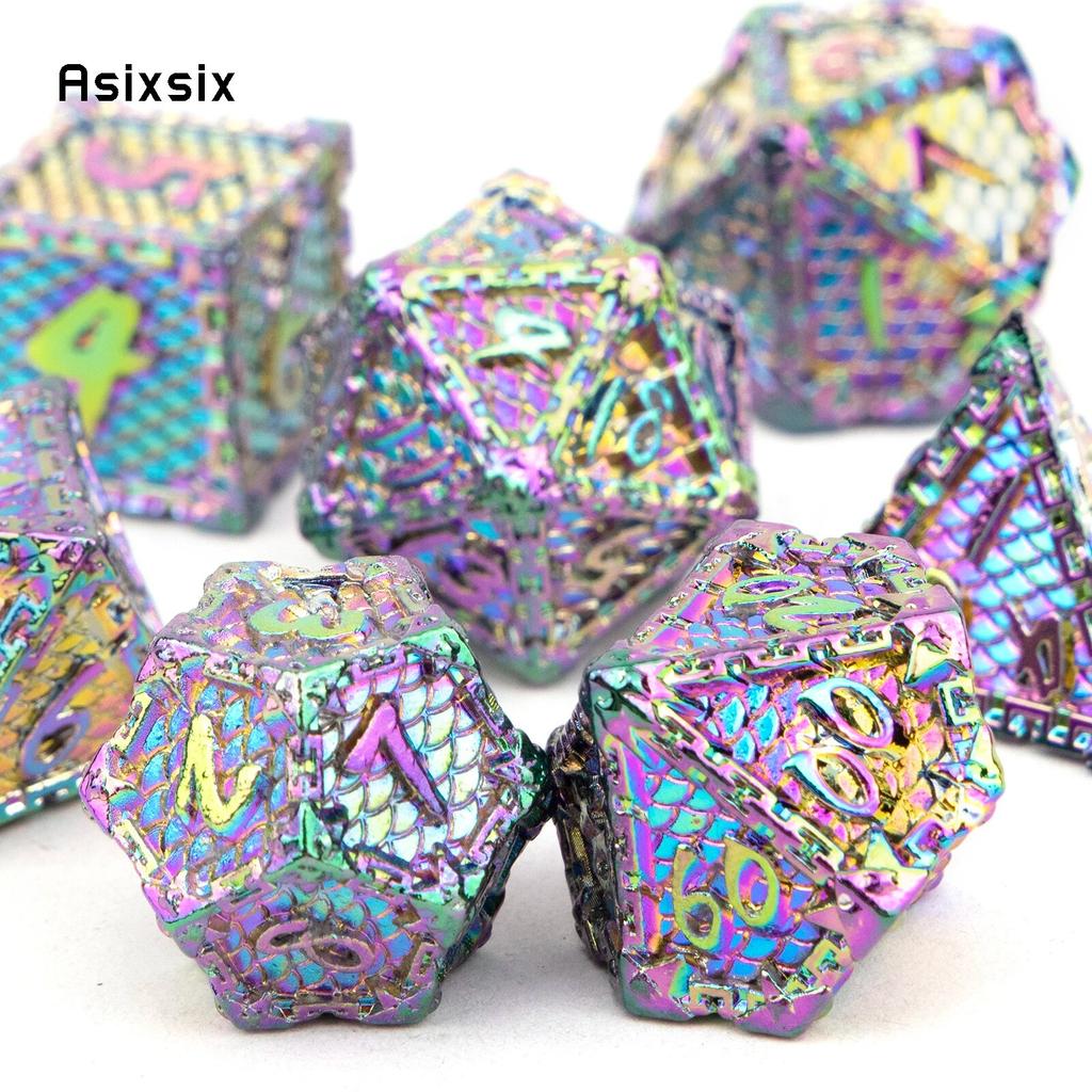 7 Pcs Colorful Fish Scale Metal Dice Solid Metal Polyhedral Dice Set Suitable for Role-Playing RPG  Board Game Card Game
