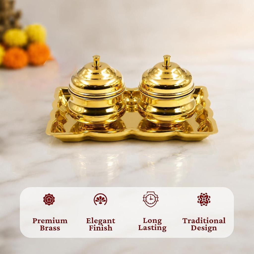 Spillbox Brass Leaf-Shape Puja Thali with 2 Attached Bowls|Sindhoor