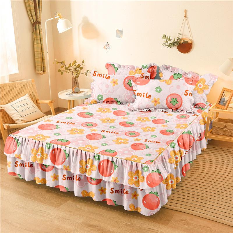 3pcs Bed Skirt Set Solid Color Quilted Thickened Lace Decoration Includes 1 Bed Skirt + 2 Pillowcases Suitable for Home And Hotel