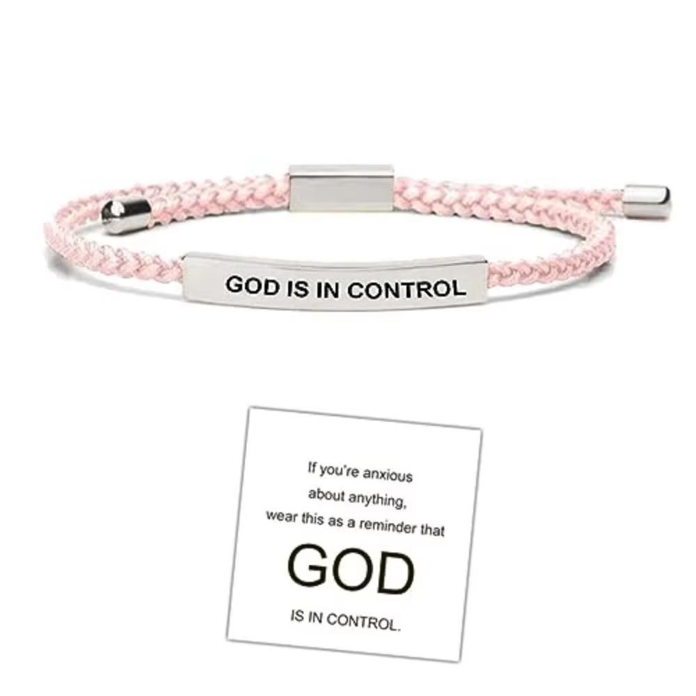 

Rope GOD IS IN CONTROL Tube Bracelet Stainless Steel Lettering Braided Bracelet for Women Men розовый/серебряный