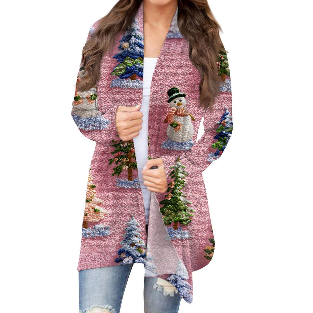 Women's Fashion Christmas Print Jacket Long Sleeve Casual Cardigan Coat