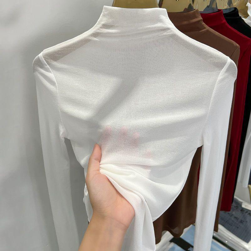 Women's Black Sheer Mesh Half-High Collar Long Sleeve Lace Top for Spring & Summer