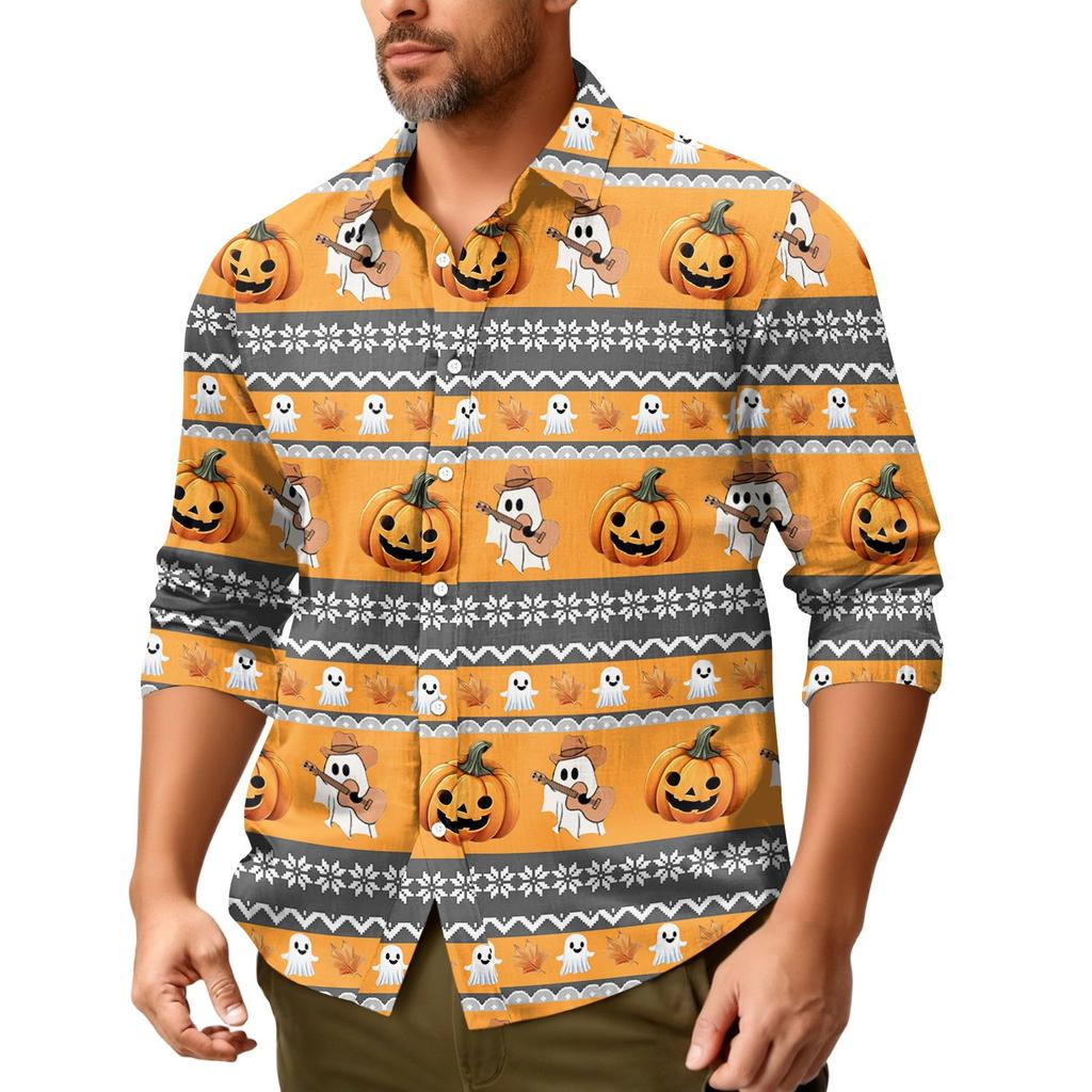 Camicia da uomo a maniche lunghe con bottoni, vestibilità ampia, casual, a tema Halloween, stampa, tessuto comodo e leggero