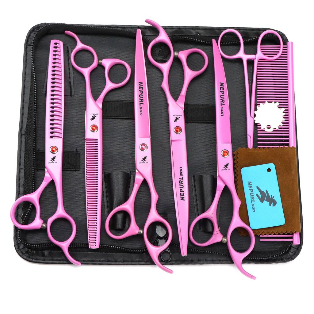 8.0 Inch Nimpson, 5 Packs Of Lacquered Pink, Pet Grooming Scissors, Straight Scissors, Set, Free Row Comb.