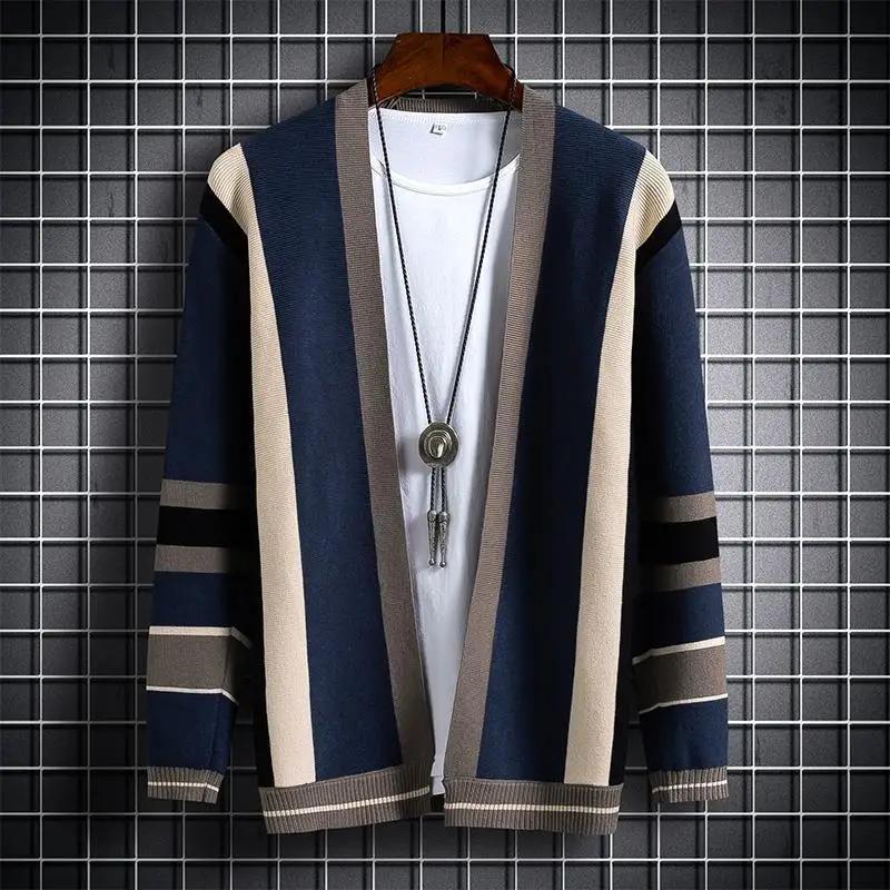 Suéter de Punto Abrigo para Hombre Cárdigan Ropa de Hombre Chaqueta Rayada Cuello en V Azul Grande Talla Grande Cálido Casual Abrigo de Invierno