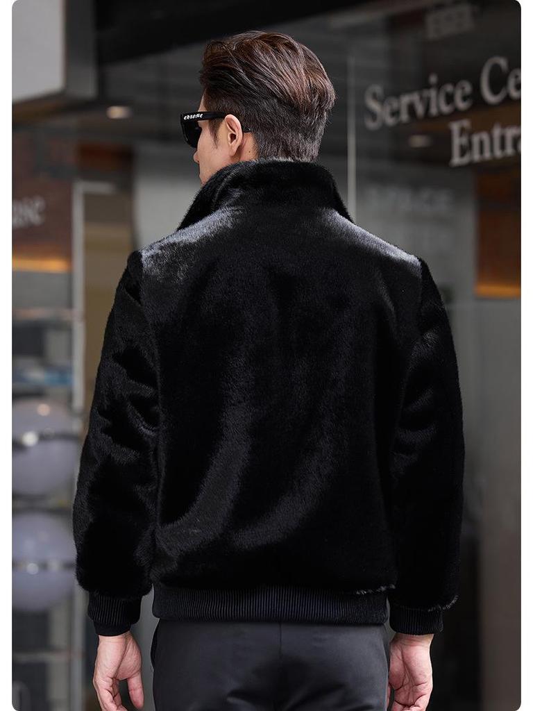 Men's Winter Stand Collar Faux Mink Velvet Leather Jacket - Casual Trendy Haining Thick Coat