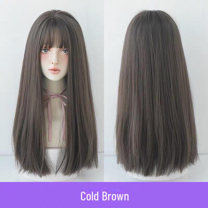 

Женский черный длинный прямой натуральный парик с воздушной челкой - Celebrity Style средней длины