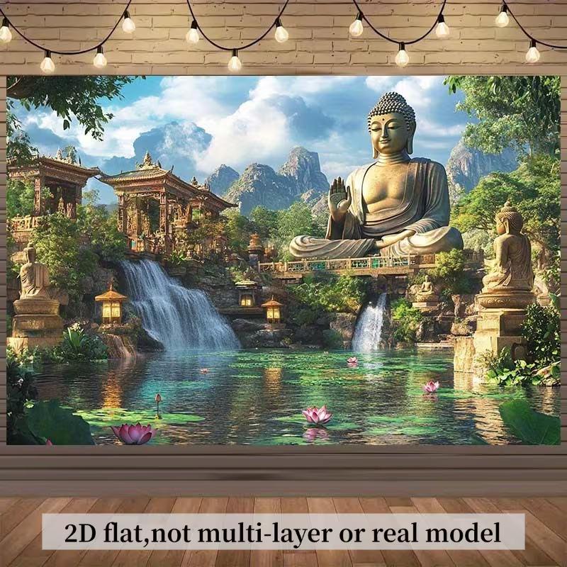 2D Serene Buddha Waterfall & Lotus Lake Backdrop for Photography 47.2x31.5inch/120*80cm