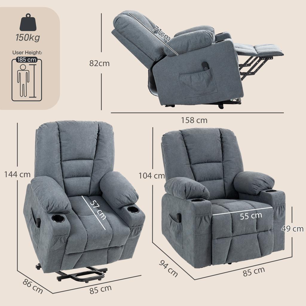 Oversized Riser and Recliner Chairs for the Elderly, Fabric Upholstered Lift Chair for Living Room with Remote Control, Side Pockets, Cup Holder, Grey