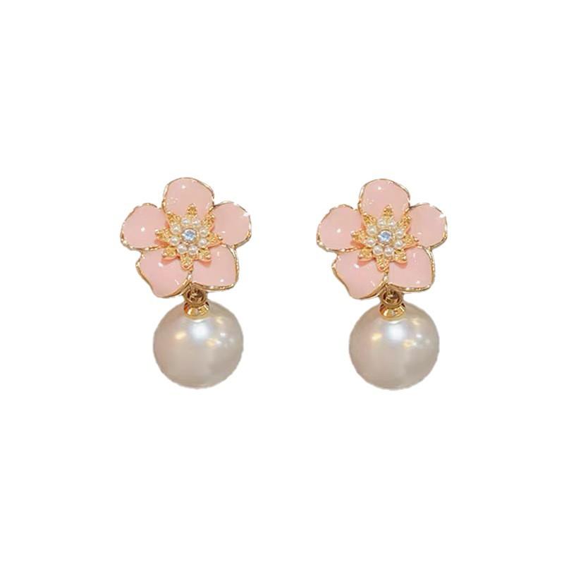 Cherry blossom powder flower small fresh ear clips without ear piercings small French pearl stud earrings sweet romantic mosquito coil disc earrings