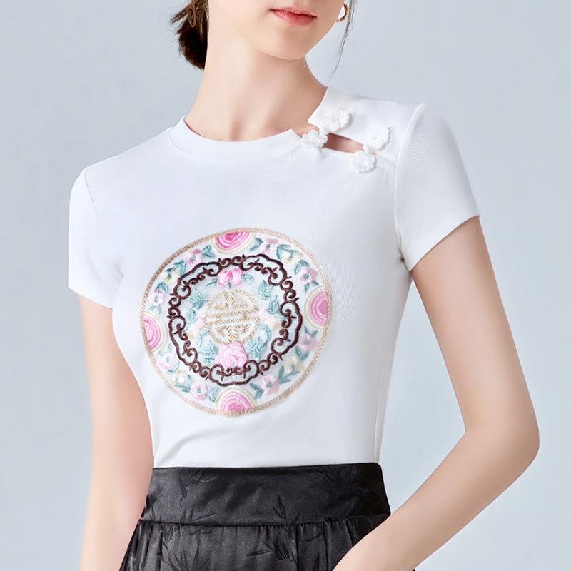 Retro Short-sleeved T-shirt for Women's New Women's Clothing, Chinese Style Embroidered Round Neck T-shirt, New Chinese Style Buttoned Waist Top