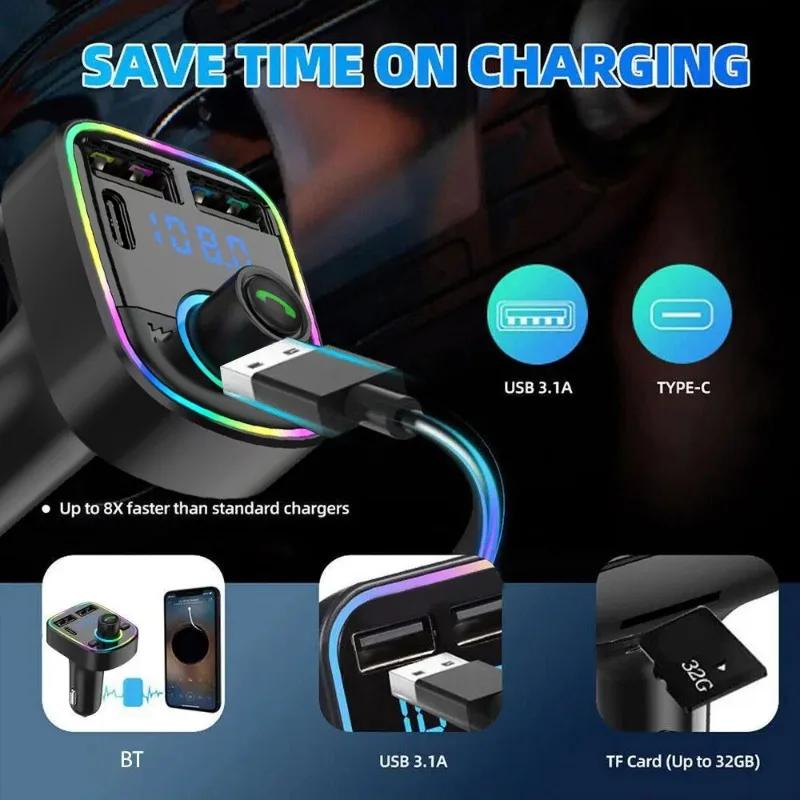Multifunctional Car Charger Car Bluetooth 5.2 FM Transmitter PD Type-C Dual USB 3.1A Fast Charger Multi Hole Color Ambient Light