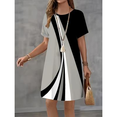 Short-sleeved Round-neck Striped Pattern 3D Printed Women's Fashionable Mini Dress