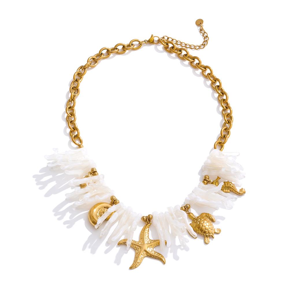 

Yhpup Ocean Style White Resin Turtle Starfish Shell Drop Necklace Chain Stainless Steel Golden Summer Unique Handmade Jewelry