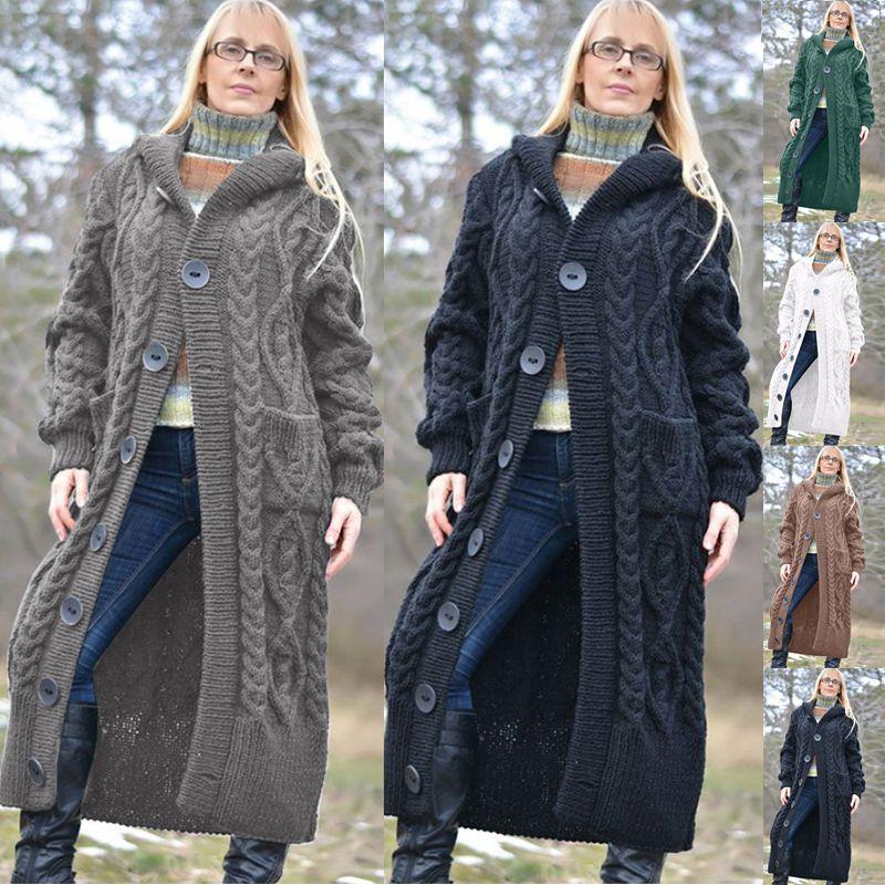 Knit Singlebreasted Womens Sweater Coat Hooded Button Tops Fashion Jacket Long
