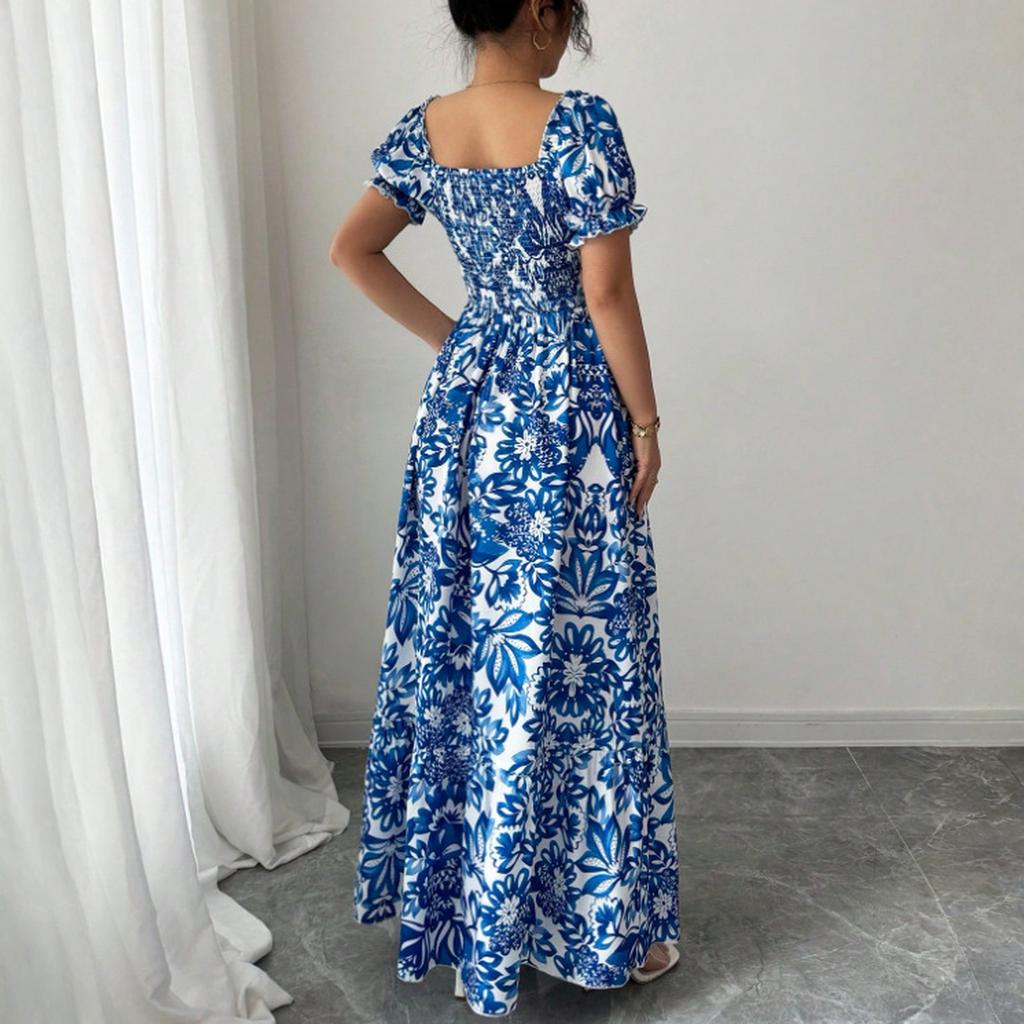 Women’s Elegant Floral Print Off Shoulder Maxi Dress with Puff Sleeves and Fitted Waist for Casual or Formal Wear
