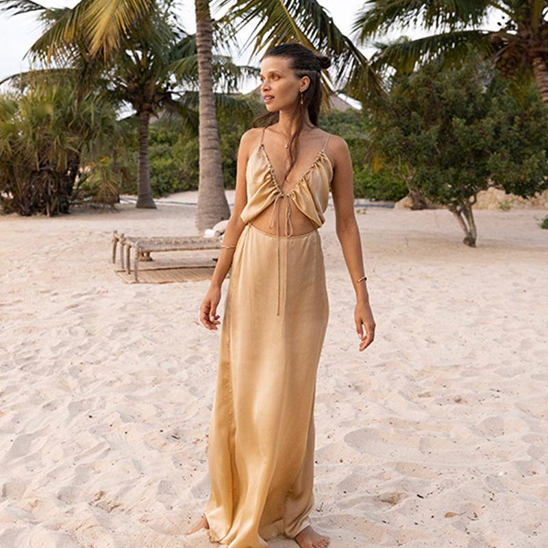 

New Product 2025!! Fashion Beach Dress Women s Casual Vacation Style Pure Color Pullover Bikini Swimsuit Cover Dress Apricot M