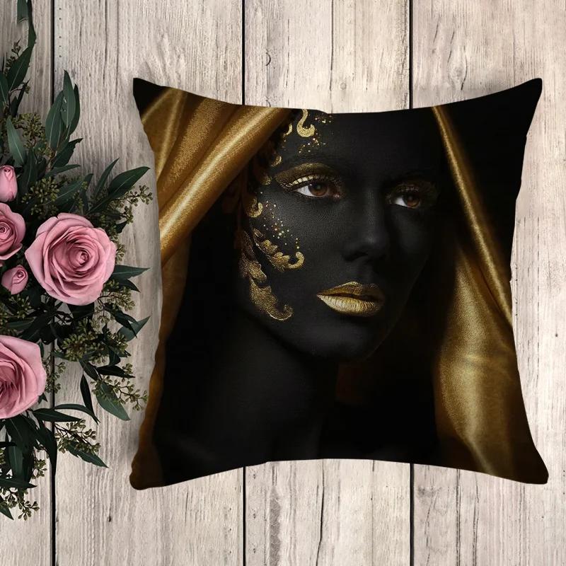 

Pillow Black Gold African Lady Cushion Cover Luxury Decorative Pillowcase 40x40 Car Decoration Pillowcases for Pillows 45x45 12x12Inch