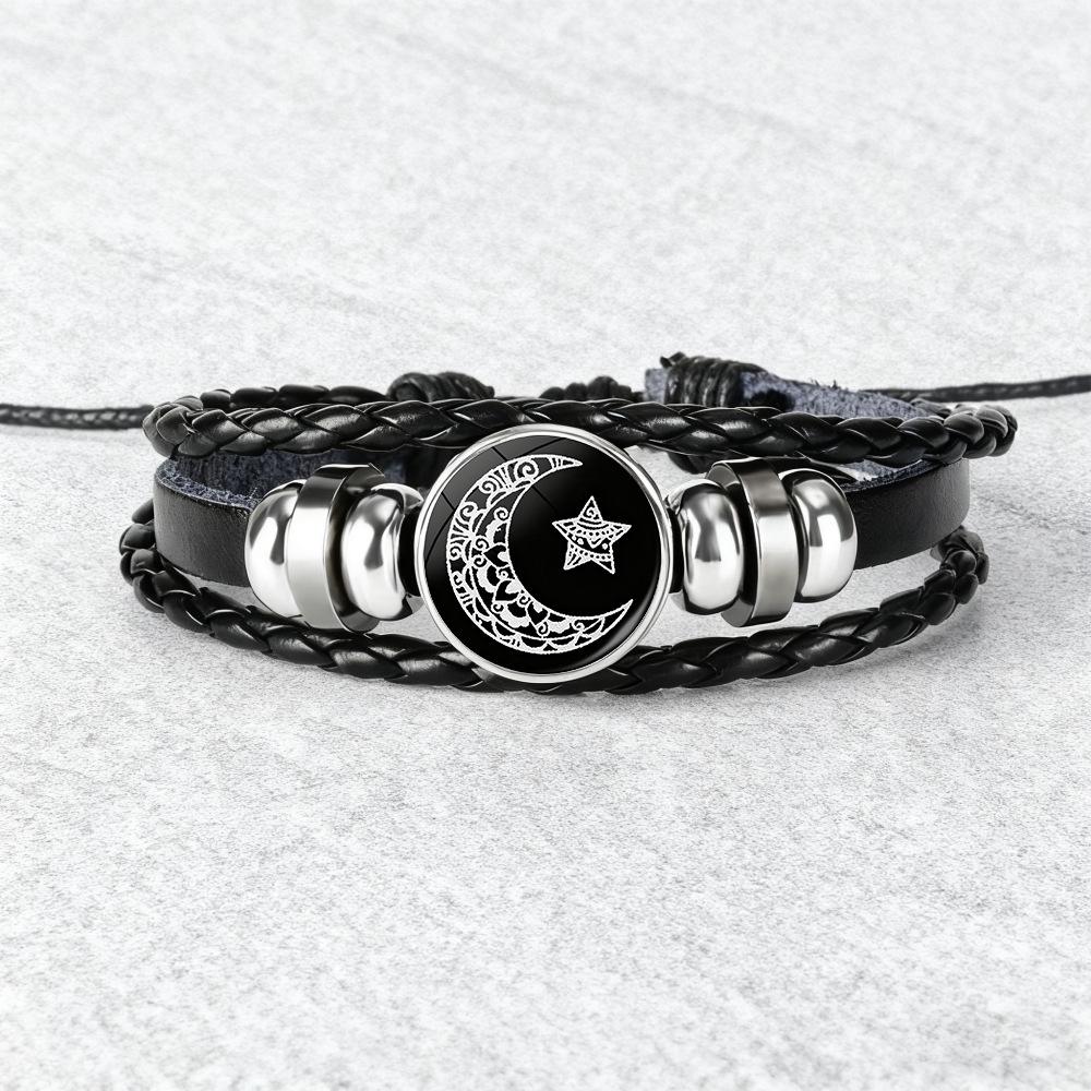Luminous Sun and Moon Lovers Leather Bracelet - Vintage Punk Multilayer Beaded Design, Ideal Couple Gift
