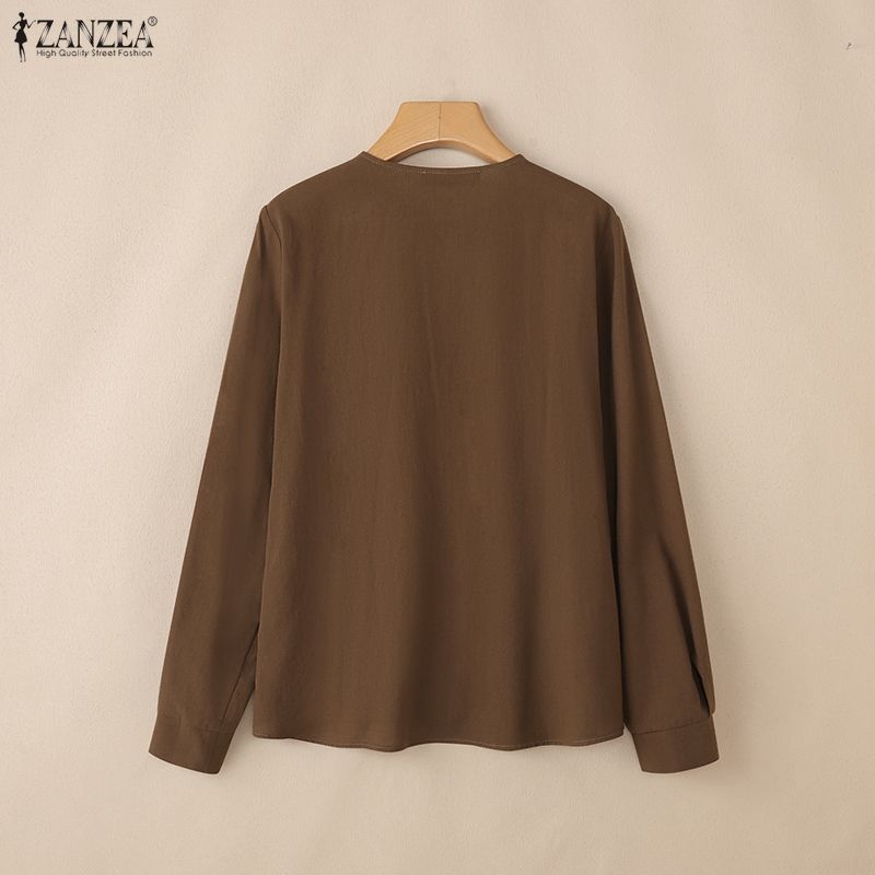 ZANZEA Bluzka damska z okrągłym dekoltem i długim rękawem w jednolitym kolorze
