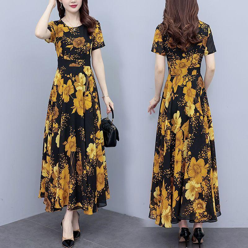 Elegant Fashion Harajuku Slim Fit Female Clothes Casual All Match A-line Skirt Patchwork Printed O Neck Short Sleeve Dresses