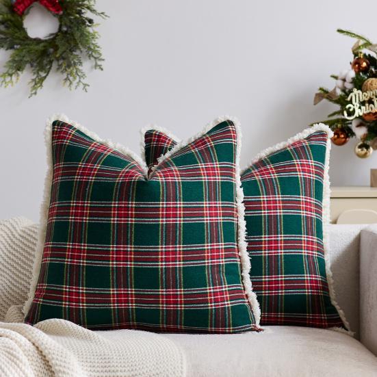 Christmas Plaid Throw Pillow Covers 18x18 Inch Vintage Farmhouse Winter Square Cushion Case for Living Room Couch Sofa Bed