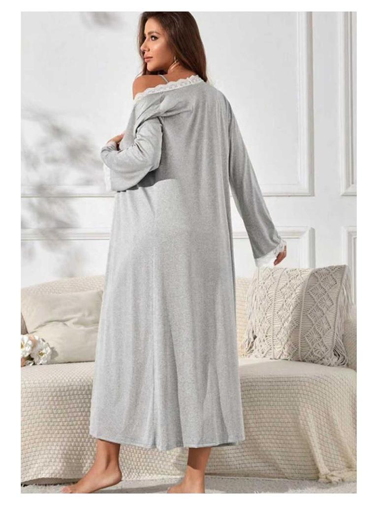 Elegant Milk Silk Lace Nightdress & Bathrobe Set - Sexy Two-Piece Pajamas