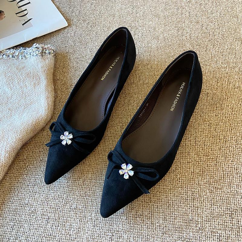 

Y 2777-1 French rhinestone flower bow temperament small inner height increase single shoes women pointed flat bottom versatile 40 чорний