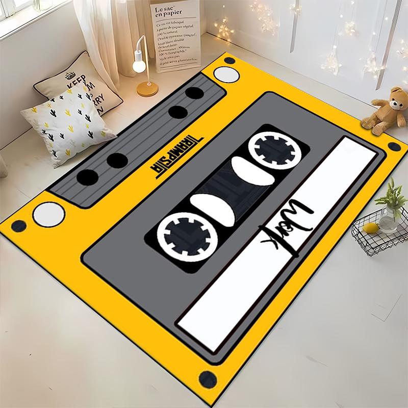 Yellow Retro Cassette Tape Design Rug Non-slip rug suitable for living room and bedroom sofas.
