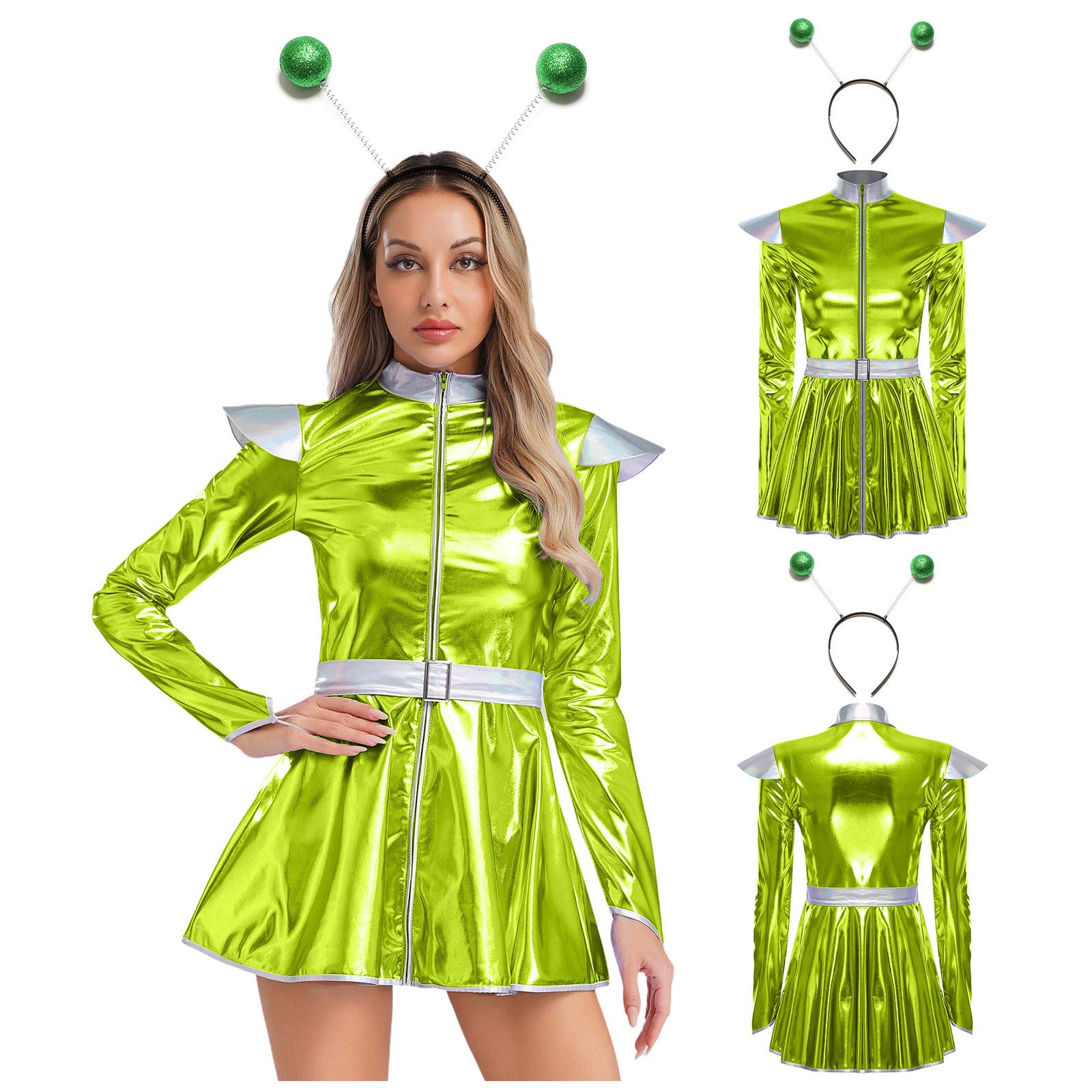 

Halloween Space Party Dress for Women S-XXL, Glossy Metallic Alien Astronaut A-line Cosplay with Long Sleeve & Hair Hoop S зелений