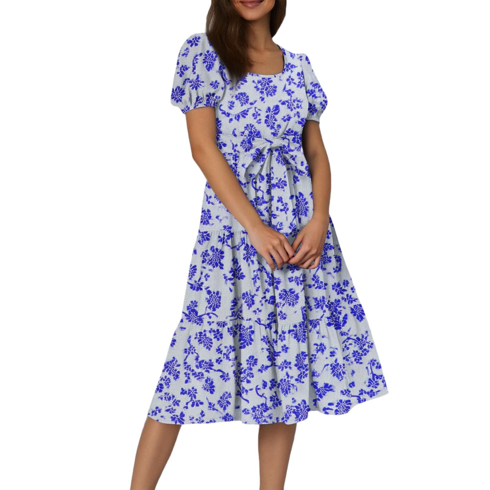 

Women s Summer Floral Print Short Sleeves Neck Waistband Bohemian Flowy Layered Maxi Dress With Pockets S