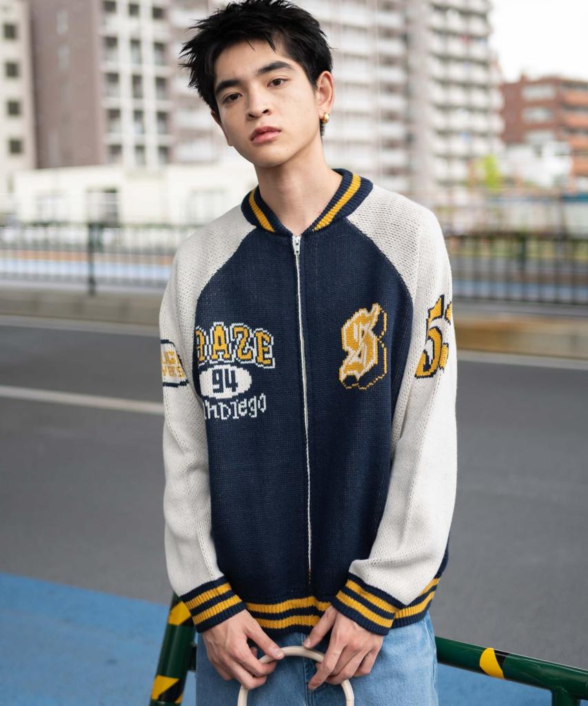 WEGO Unisex Jacquard Knit Stadium Size Navy Jacket, Outerwear, Streetwear, Casual, Fall/Winter, Gift, Men's, M,