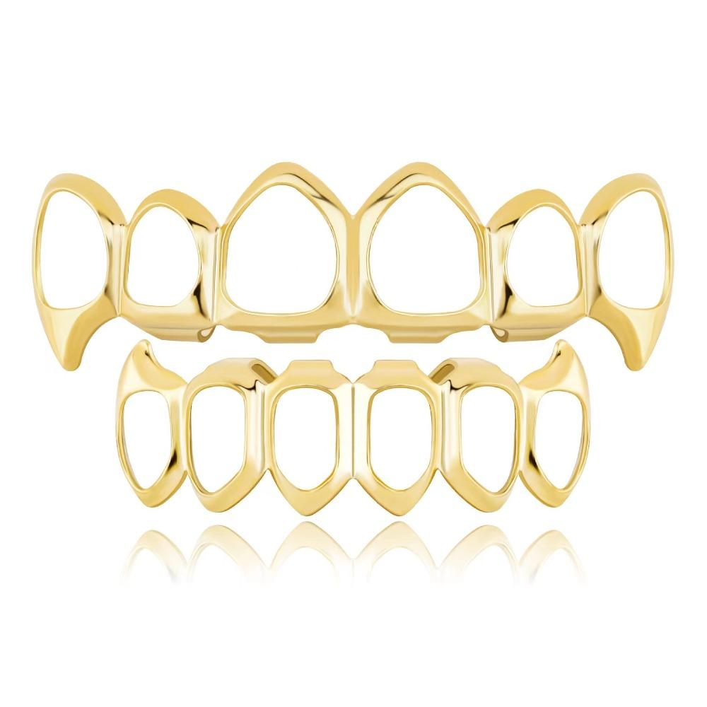 Eco-friendly Copper Hollow Teeth Grillz Top Bottom Set Anti Slip Teeth Jewelry Rapper