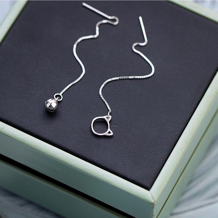 

S925 Sterling Silver Cute Cat Ear Thread Earrings for Women - Korean Style with Bell Charm