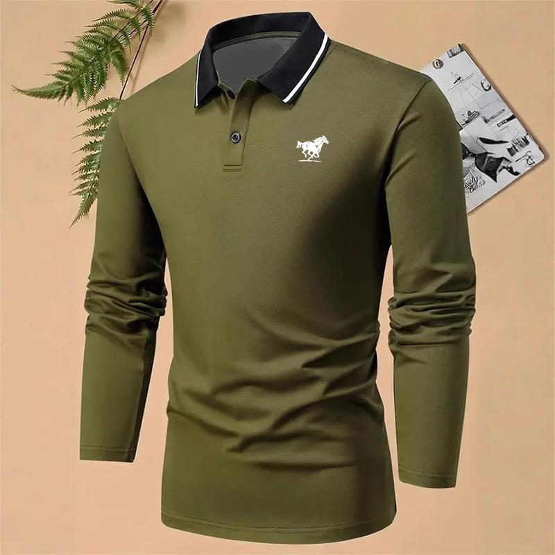 Ny 100% Polyester Herre Business Casual Langermet Poloskjorte Herre Ensfarget Enkel Stil Topper Poloskjorte Herre Klær Golfpolo