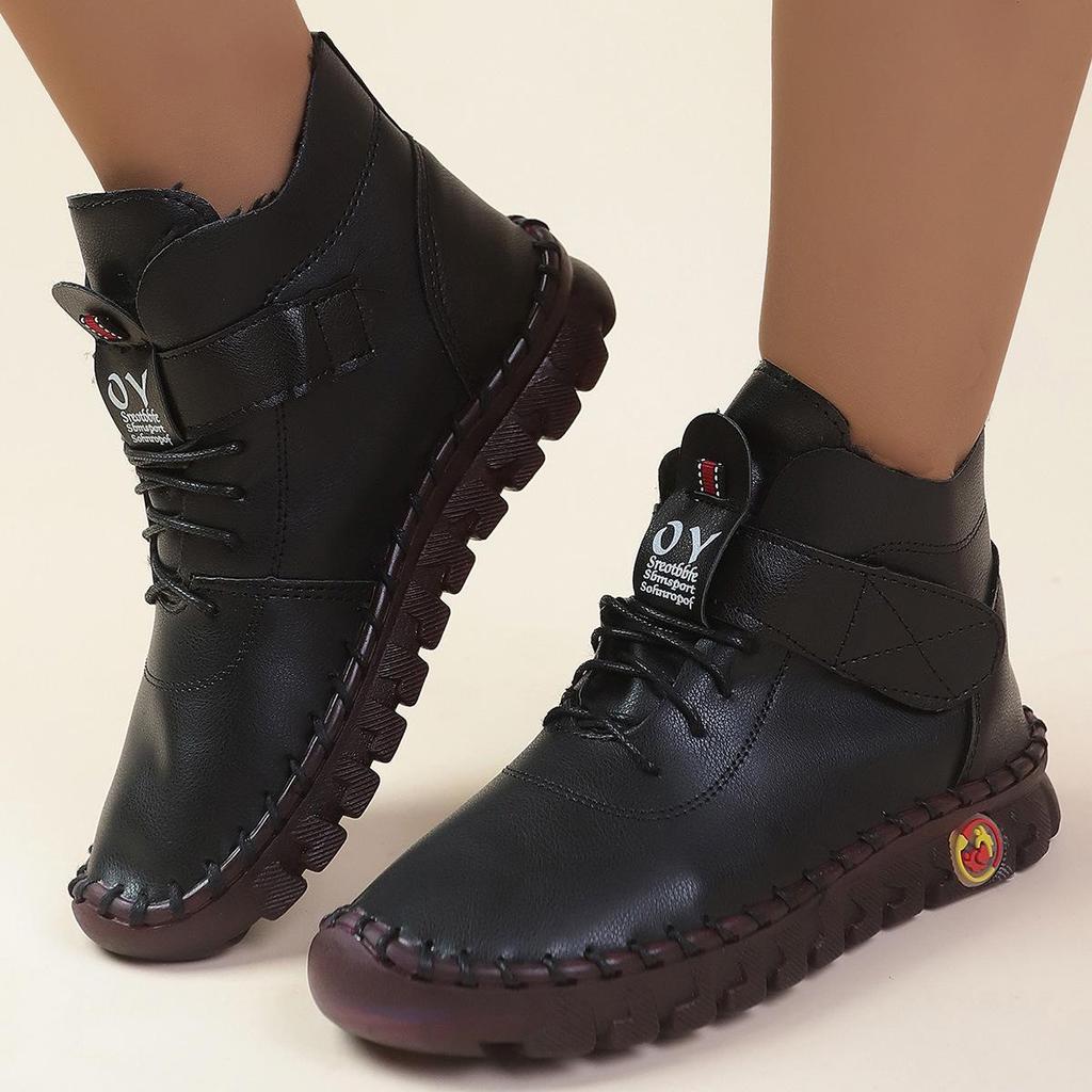 2024 Autumn/Winter Plus Size Women’s Leather Ankle Boots, Round Toe Flat Heel Velcro Style