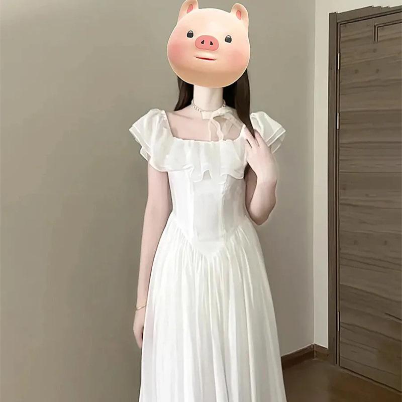 

Sweet White French Ruffle Cap Sleeve Summer Dress with Square Neck and A-line Waist XL (Premium) білий